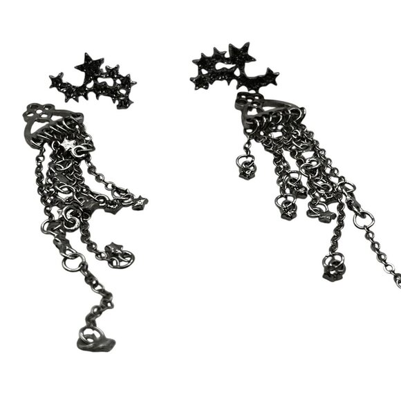 Cubic Zirconia Star Tassel Dangle Drop Earrings Silver-Tone Long Chain Design - Picture 2 of 8